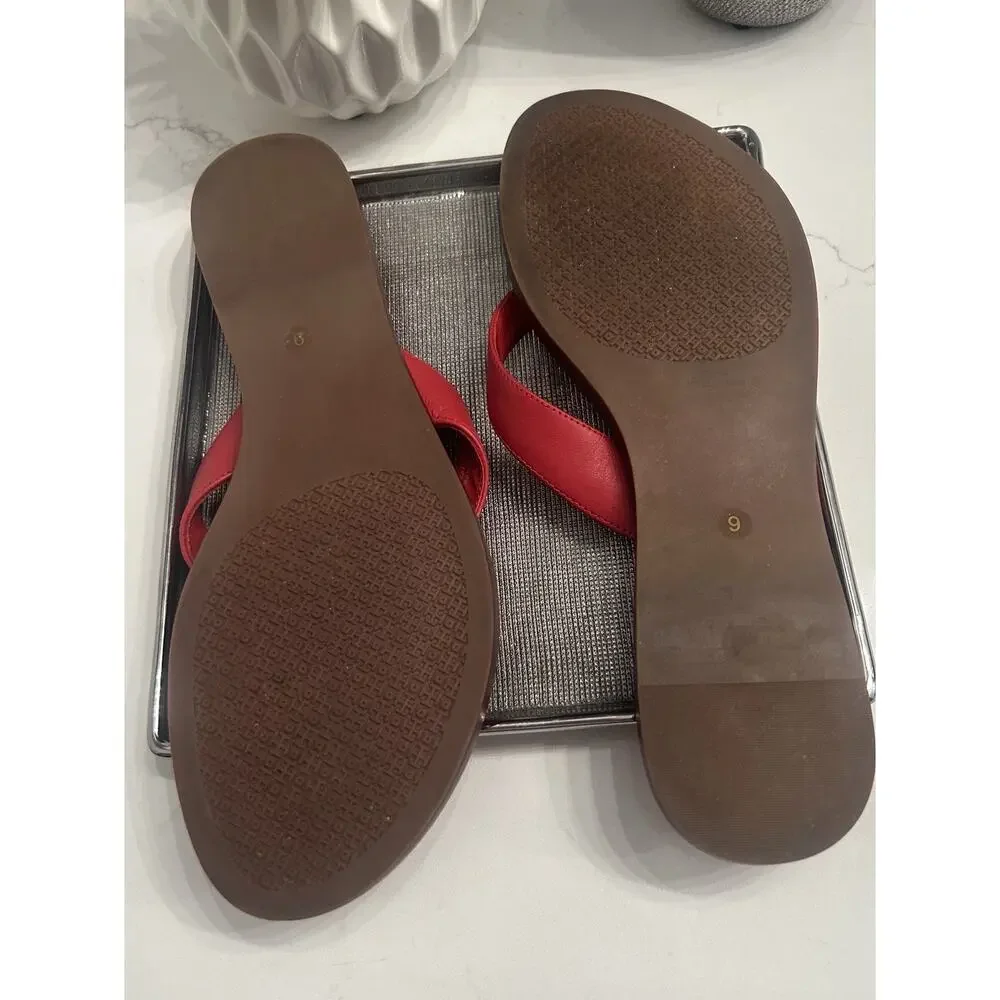 Tory Burch Benton Thong Red Leather Sandals Size 9M Gold Logo